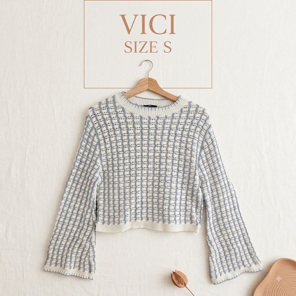 VICI Coquette Open Knit Cropped Bell Sleeve Sweater Women Small